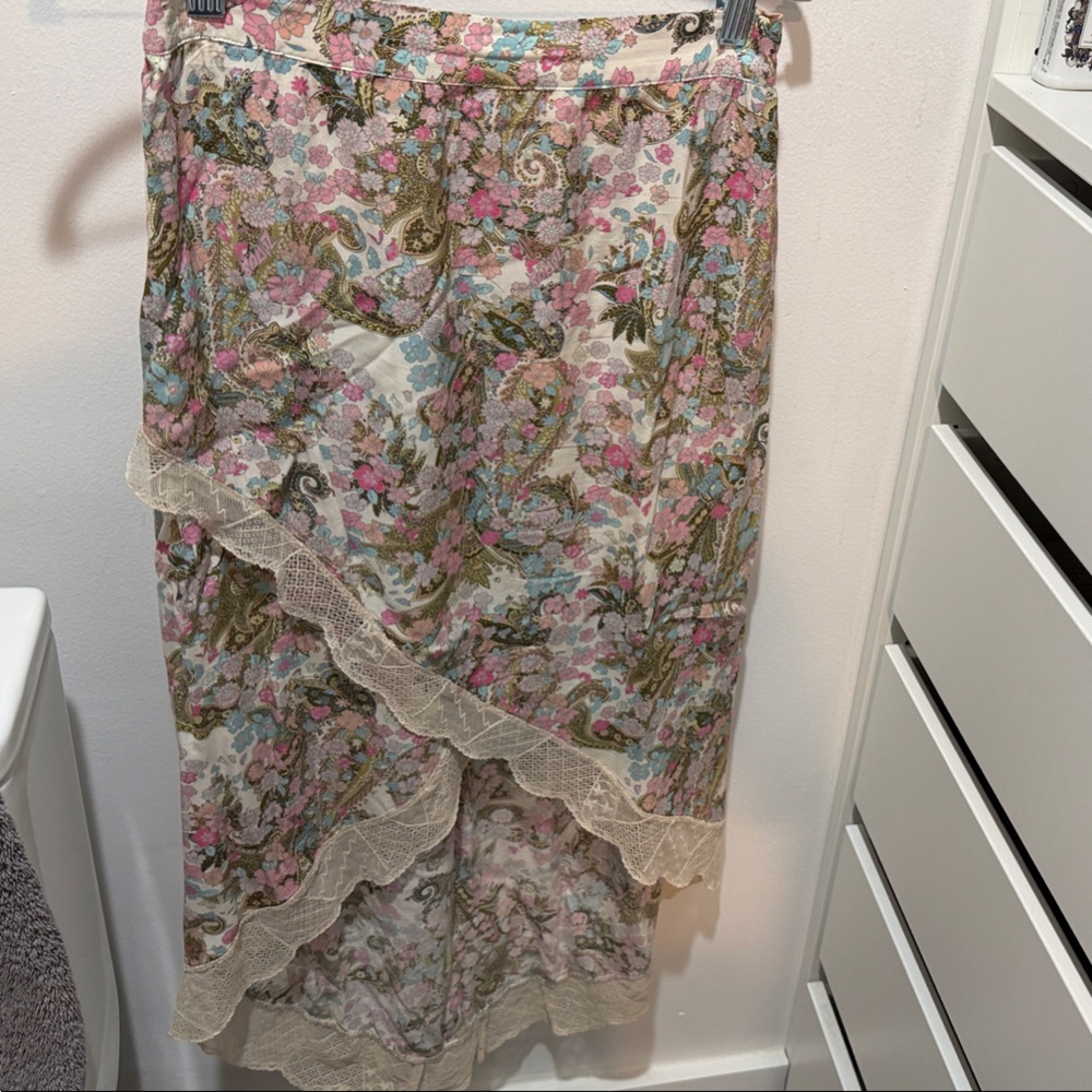 Zadig & Voltaire Pink Green Floral Asymmetrical Lace-Trim Skirt